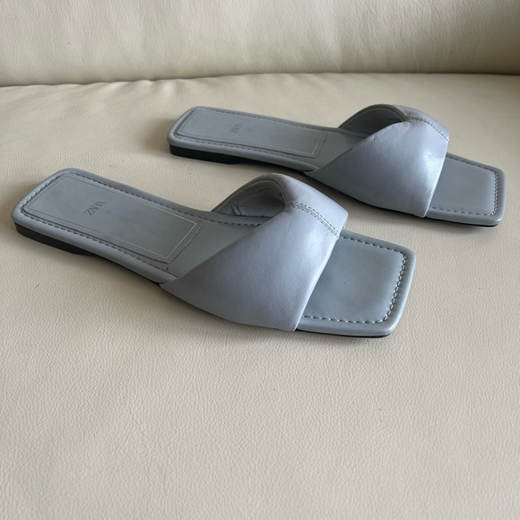 Zara Light Blue Leather Slides Size 37 - Picture 3 of 6